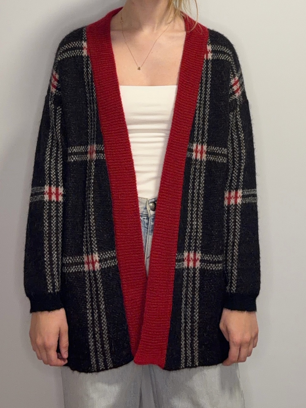 Mohair Black Plaid Open-Front Cardigan